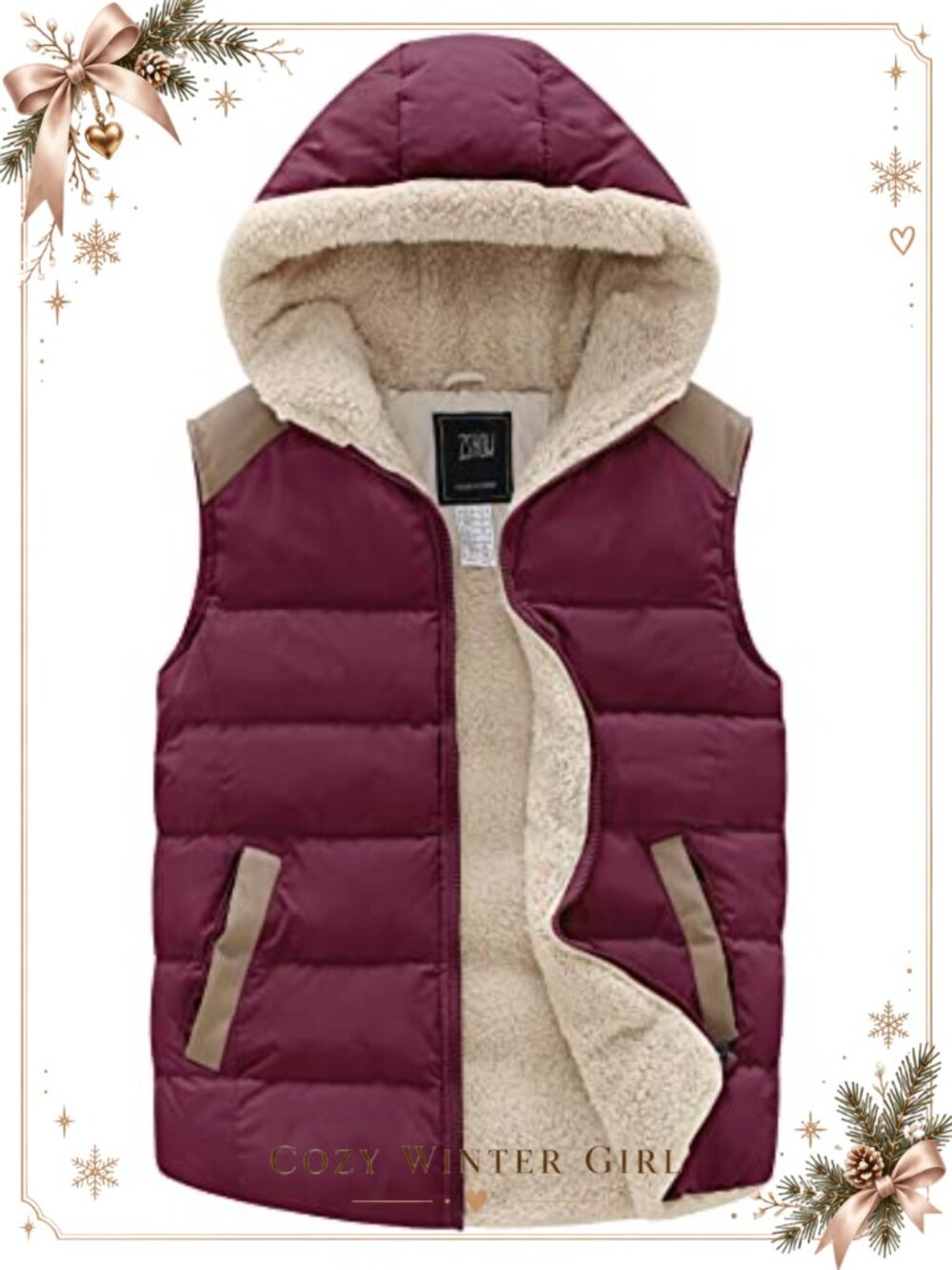 Womens Puffer Vest Fleece Lined Quilted Hooded Winter Outdoor Vest